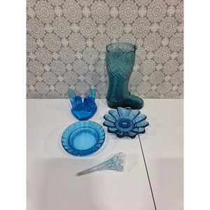 Vintage Blue Glass Boot Vase‎ Bird Figurine Candle Holder Set Ashtray MCM Decor